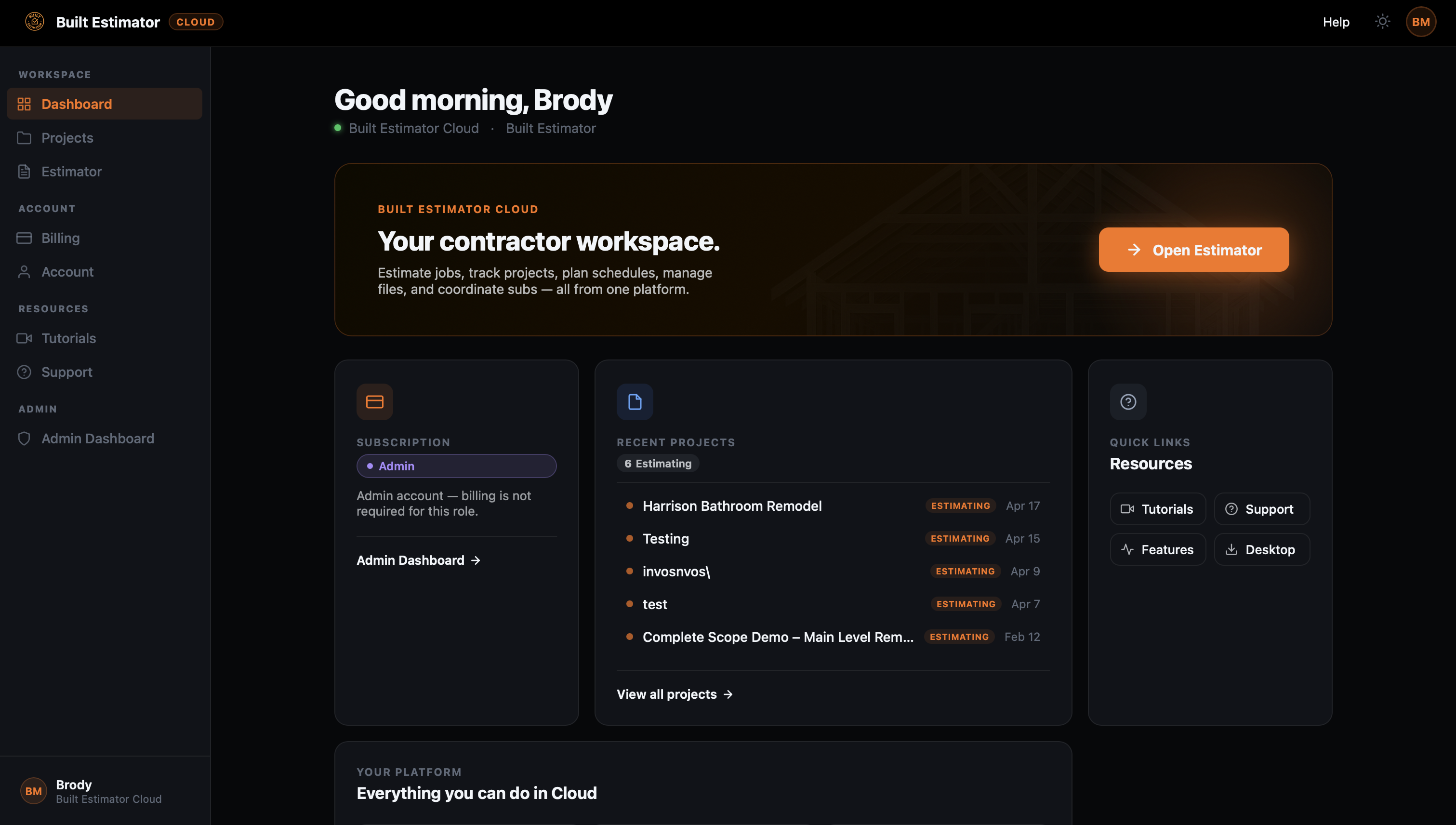 Built Estimator Cloud dashboard showing projects, activity, and key estimating metrics at a glance