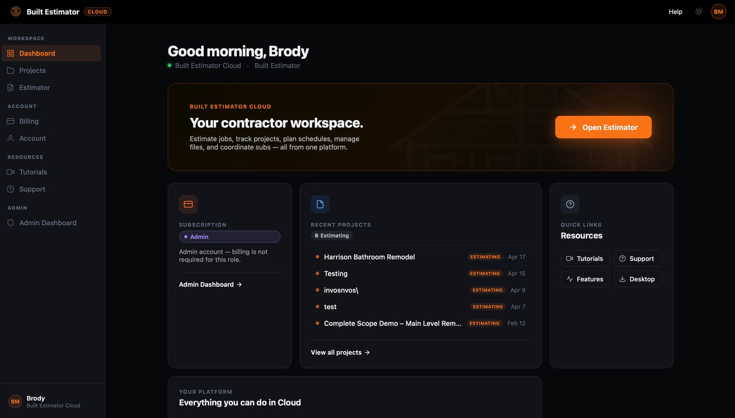 Built Estimator Cloud dashboard — workspace home with recent projects and quick links