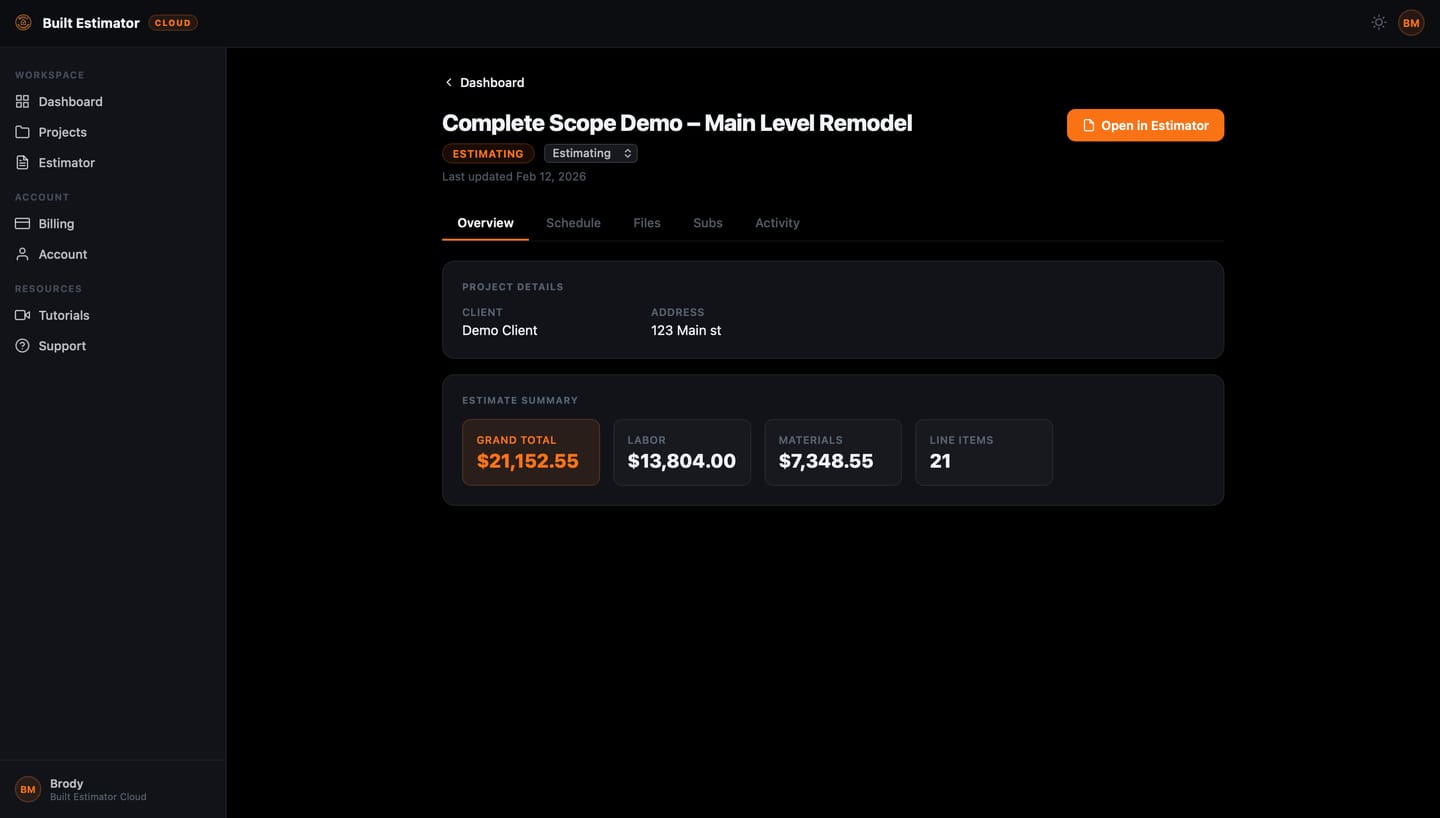 Built Estimator Cloud project detail — estimate summary showing grand total, labor, materials, and line-item count